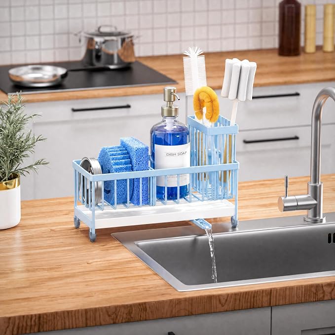 Cisily Sponge Holder for Kitchen Sink, Sink Caddy Organizer with High Brush Holder, Kitchen Countertop Organizers and Storage Essentials, Rustproof 304 Stainless Steel (Blue, 9.25″)