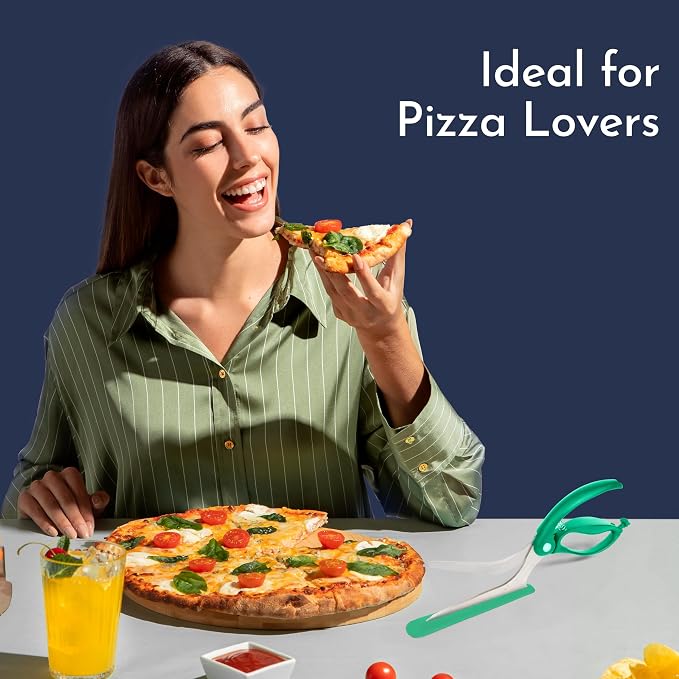 Pizza Scissors - Non-Stick Pizza Scissors with Firm Grip Base - Food Grade Stainless Steel Pizza Cutter - 5-in-1 Food Slicer & Pizza Server - Durable, Safe & Mess Free - Green