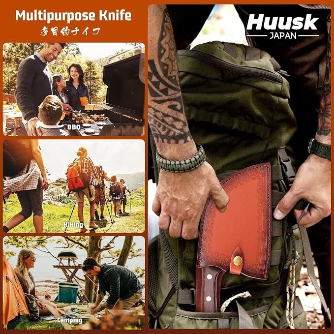 Huusk Upgraded Serbian Chef Knife-Japanese Meat Cleaver Knife for Meat Cutting Forged Butcher Knives with Sheath Full Tang Kitchen Chopping Knives for Home, Outdoor Camping, Gift for Men and Women
