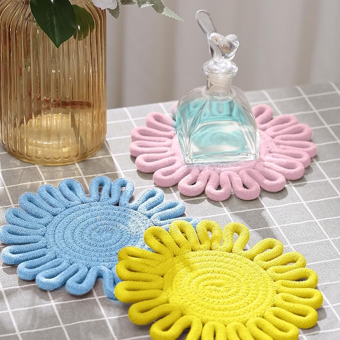Trivet Mats Set for Hot Dishes, Trivet for Pots and Pans, Heat Resistant Hot Pads, Potholders for Kitchen, Colorful Boho Trivets, Table Decorations,Kitchen Essentials for New Home 7.5"(Blue)