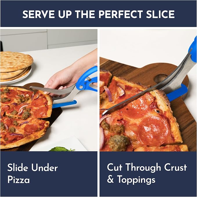 Pizza Scissors - Non-Stick Pizza Scissors with Firm Grip Base - Food Grade Stainless Steel Pizza Cutter - 5-in-1 Food Slicer & Pizza Server - Durable, Safe & Mess Free - Blue
