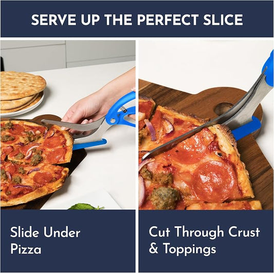 Pizza Scissors - Non-Stick Pizza Scissors with Firm Grip Base - Food Grade Stainless Steel Pizza Cutter - 5-in-1 Food Slicer & Pizza Server - Durable, Safe & Mess Free - Blue