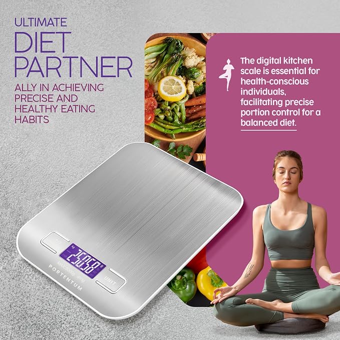 PORTENTUM Digital Kitchen Scales 5kg/11lb with Large LCD Display, Food Scales with Large Stainless Steel Weighing Surface, Liquid Measurement, High Precision up to 1 g, Tare Function,