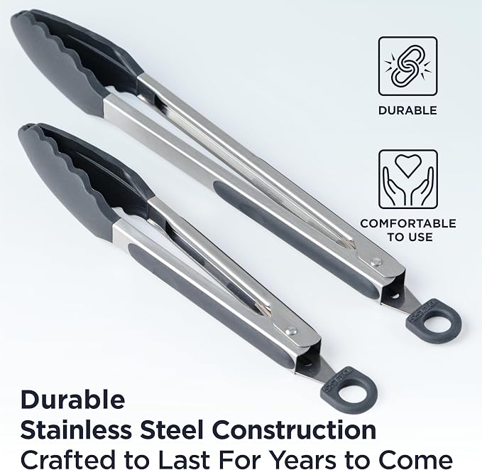 Deiss PRO Cooking Tongs with Silicone Tips - Kitchen Tongs for Cooking, BBQ, Air Fryer - Heat Resistant Silicone Tipped Tongs, Silicone Tongs for Nonstick Cookware - Pull Lock, Set of 2, 9'' and 12''