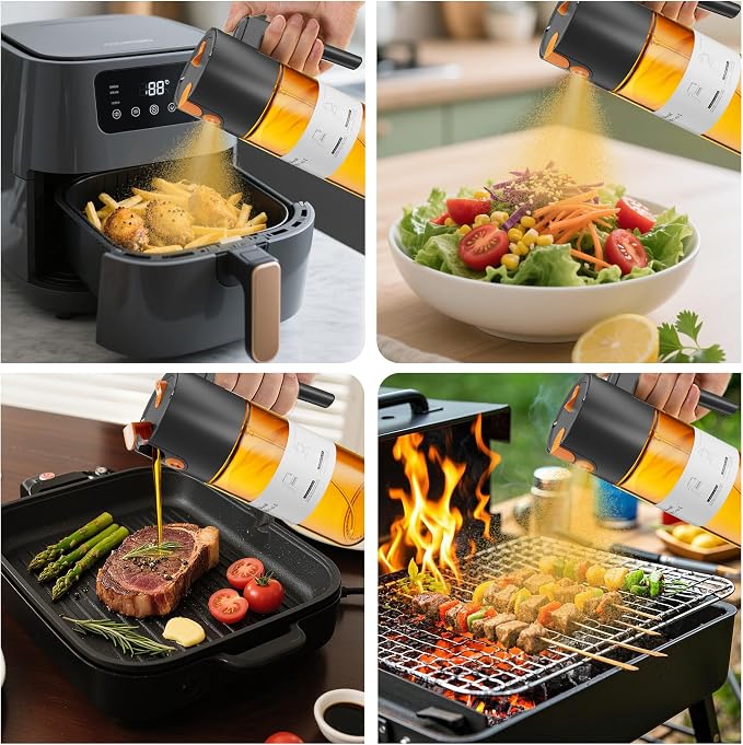 LAKUMIQI 2 in 1 Oil Sprayer for Cooking, 17oz | Light-Blocking Glass Spray Bottle with Stickers, Oil Dispenser for Salad, Air Fryer & BBQ