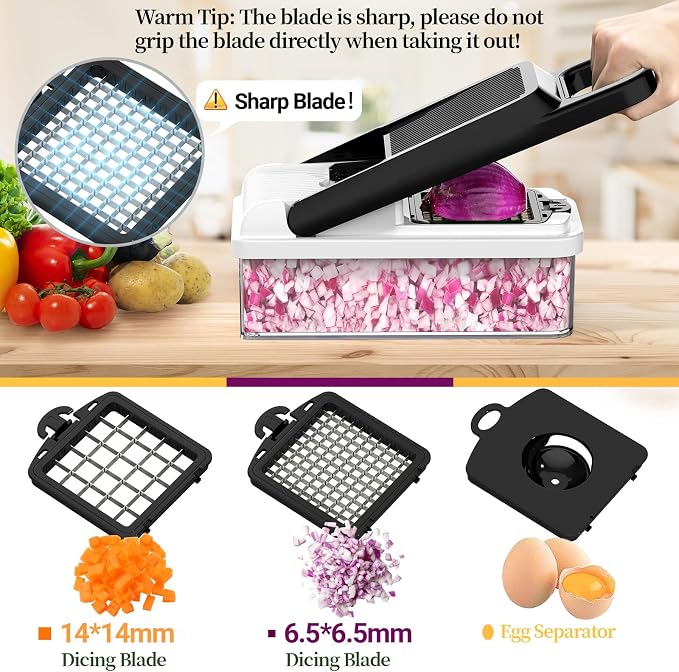 StoreHappily 12-in-1 Vegetable Chopper, 10 Blades Veggie Chopper with Container and Lid, Dicer, Slicer, Multifunctional Kitchen Gadgets, Vegetable Cutter with Handle, Onion Cutter(Black/White)