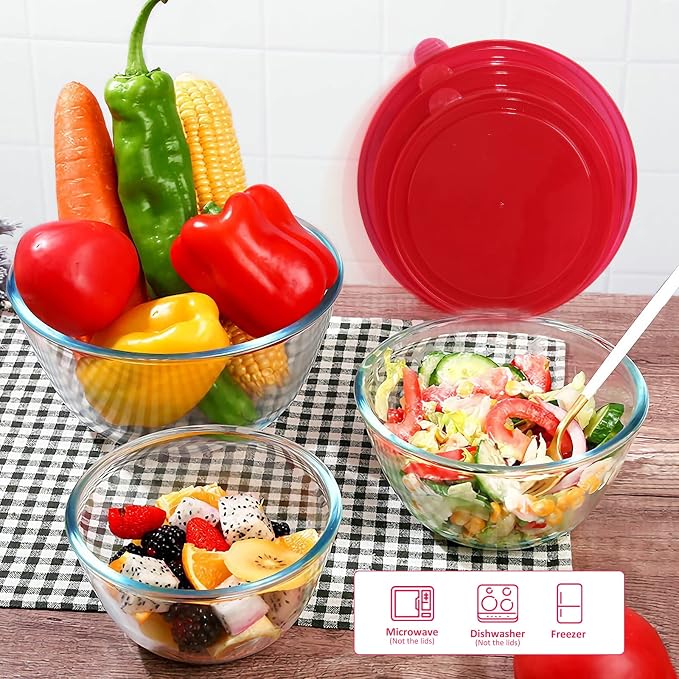 4 Pack Glass Mixing Bowls Set with Lids (4.8QT, 2.9QT, 1.7QT, 0.8QT) | Glass Nesting Bowls for Kitchen Baking, Cooking and Serving, Oven, Dishwasher, Freezer, and Microwave Safe