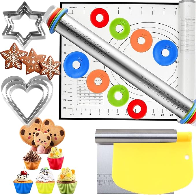 Adjustable Rolling Pin 19 Set and Silicone Baking Pastry Mat Set,Thickness Rings,Dough Roller & Steel Cutter& 6 Cookie Molds & Cake Molds for Baking Dough Stainless Steel Dough Roller, Pizza, Pie