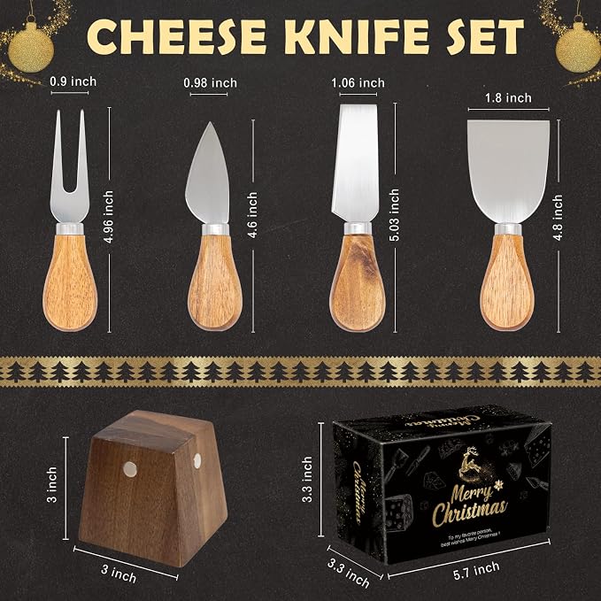 Cheese Knife Set for Charcuterie - 4 Small Stainless Steel Cheese Knives and Fork with Magnetic Acacia Wood Holder - Charcuterie Board Accessories