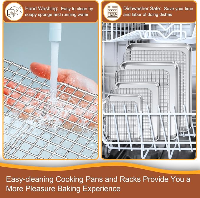 P&P CHEF 16 + 12.5 + 10.4 + 9 Inch Baking Sheet & Rack, Pan and Grid Rack | 8 Pcs (4x Cookie Sheets + 4x Cooling Racks), 4 Sizes, Stainless Steel Oven Pans Trays with Wire Racks, Oven & Dishwasher Safe