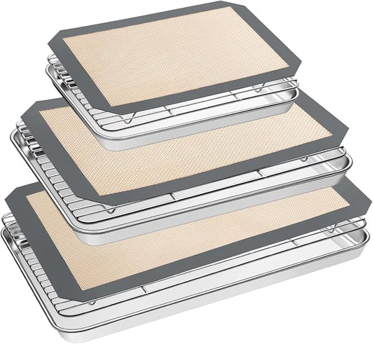 Baking Sheet Tray Cooling Rack with Silicone Mat Set, Stainless Steel Cookie Pan For Oven, Set of 9 (3 Sheets + 3 Racks Mats), Warp Resistant & Heavy Duty & Easy Clean, Grey