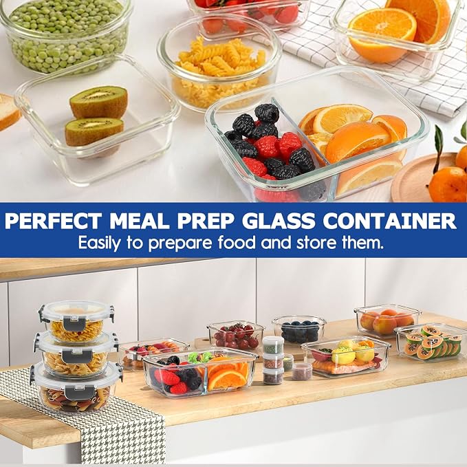 AMALEKO 42pcs Glass Food Storage Containers with Lids Set, 21 Containers & 21 Lids Glass Meal Prep Containers with Snap Locking Lid Set, Leak Proof Lunch Container BPA-Free,Grey