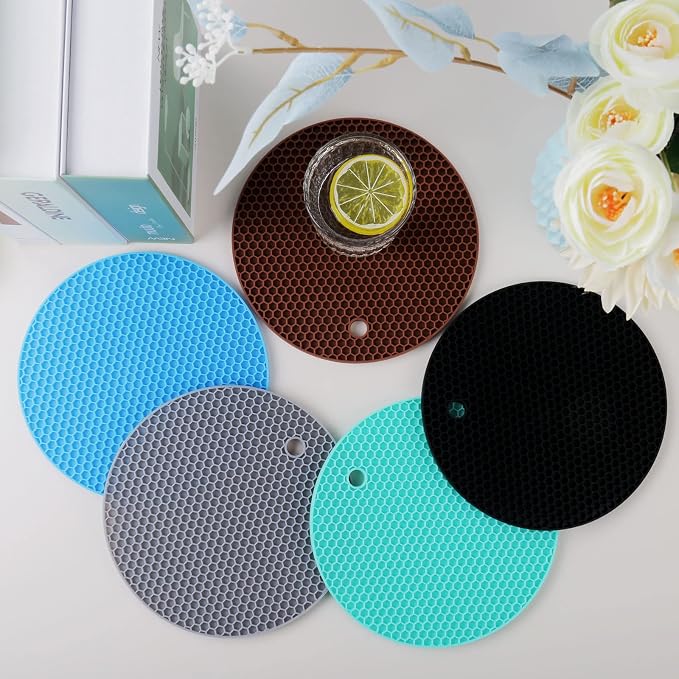 5 Pack Silicone Pot Holder Trivet Mats, Heatproof Trivets for Hot Dishes, Nonslip Insulation Honeycomb Rubber Hot Pads for Countertop, Extra Thick & Flexible Mats Heat Resistant Trivets (Multicolor)