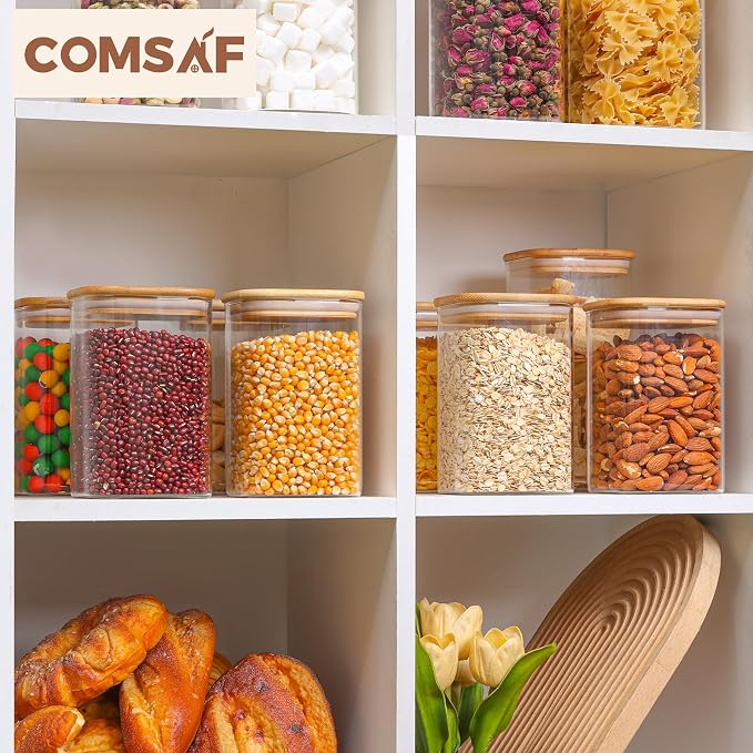ComSaf Square Glass Containers With Lids 1.2 Qt, Set of 9 Pantry Galss Jars | Food Storage Jar, Kitchen Canisters, Storage Container, Bamboo Lid with Silicone Seal, Cookie, Flour, Spice, Coffee, BPA Free