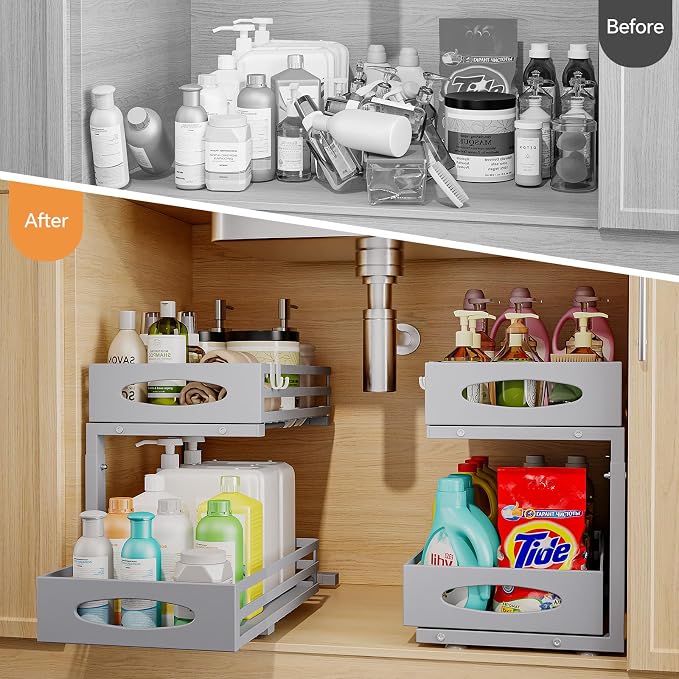 Under Sink Organizer, 2 Tier Under Sink Organizers and Storage, Adjustable Height, Slide out Metal Cabinet Organizers, Pull out Cabinet Storage Drawer Shelf for Kitchen Bathroom (Gray, 1 Pack)
