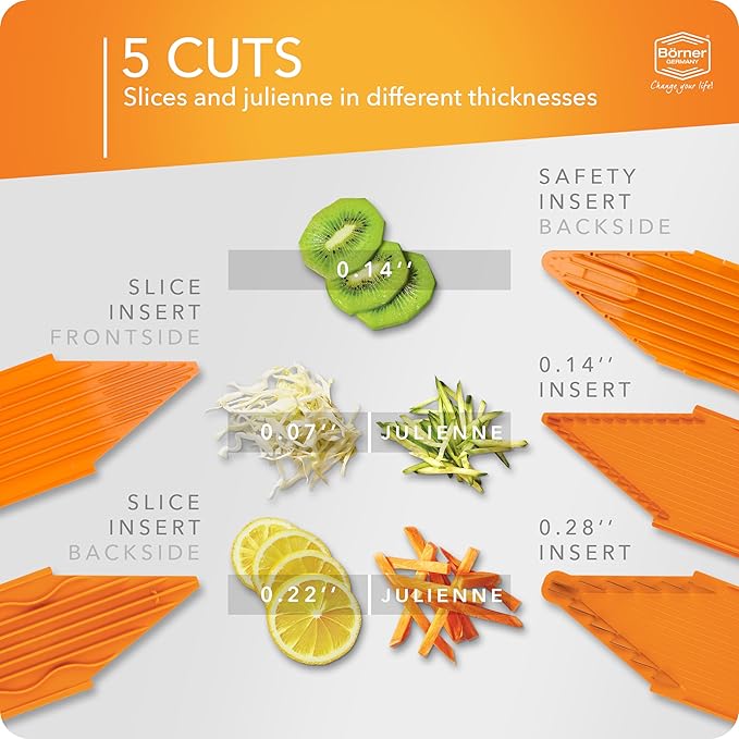 Börner Mandoline Slicer V1 (Professional Set) • V-Slicer with 4 Inserts, Fruit Holder, Docking Station, Box • Adjustable Vegetable Slicer • Cuts into Slices, Strips & Dices • Color: Orange