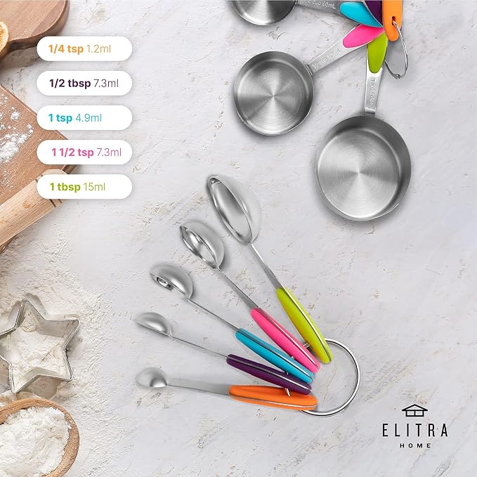 Elitra Home Complete Measuring Set, 13-Pack Stainless Steel Cups, Spoons, Plastic Measuring Pitchers with Spout - Engraved Measurements, Non-Slip Handles - Cooking & Baking Essentials | 13-Piece Measuring Set, 304 Stainless Steel Cups & Spoons, Engrave...