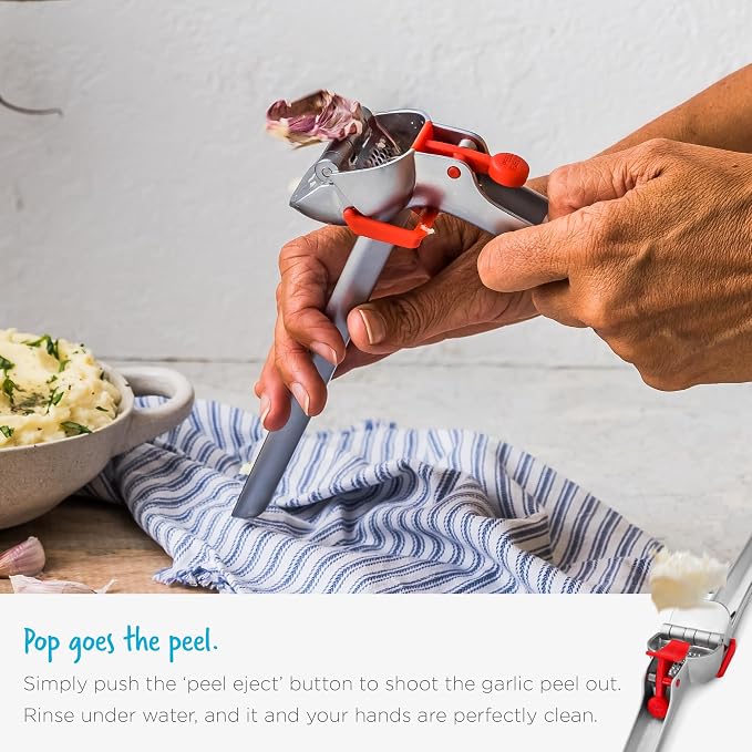 Dreamfarm Garject 2-In-1 Garlic Peeler, Garlic Press & Mincer with Garlic Peel Ejector, Chrome-Plated Zinc - Red | No-peel mincer with skin eject button, crushes up to 3 cloves, dishwasher safe, durable chrome-plated zinc