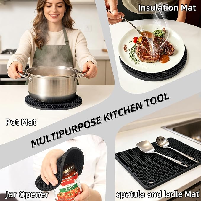 TWTLi Silicone Trivets for Hot Dishes, Set of 4 Trivet Mats, Heat Resistant Hot Pads for Kitchen Countertops, Non-Slip Honeycomb Pot Holders & Counter Protectors for Hot Pots & Pans (Black)
