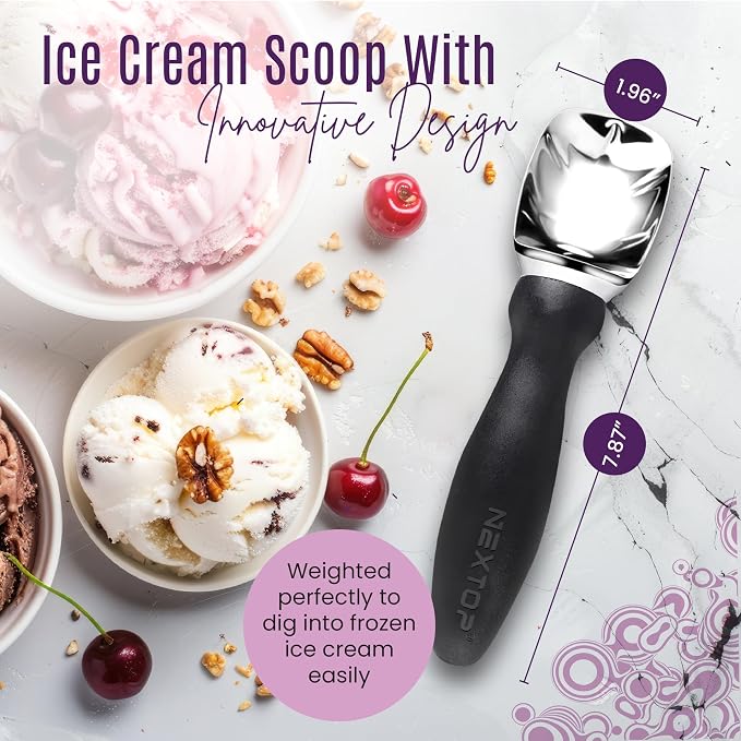 Nextop Ice Cream Scoop with Comfortable Handle - Ergonomic Spoon, Durable Perfect Metal Round Round Scoops Ideal for Ice Cream, Sorbet, Gelato Perfect for Home Use, Kitchen Essential. (Black)