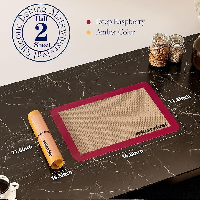 Silicone Baking Mat, 2 colors Half Sheet(16.5"x11.6") Non-Stick Baking Mat, Food Safe Silicone Mats for Baking Cookies, Macarons, Vegetables, 480℉ Heat Resistant (Deep Raspberry & Amber) | Baking Mat, Food Safe Silicone Mats for Baking Cookies, Macaron...