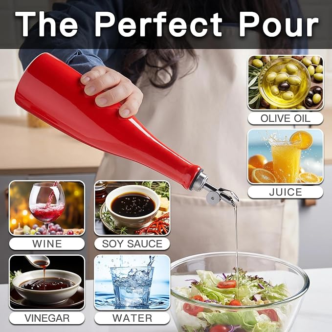 YOLIFE Olive Oil Dispenser Bottle, 17oz/500ml Ceramic Oil Bottle (Red) | Oil Dispenser with Gravity Spout, Leak Proof EVOO Dispensing Bottle with 2 Spouts and 1 Funnel for Vinegar, Kitchen