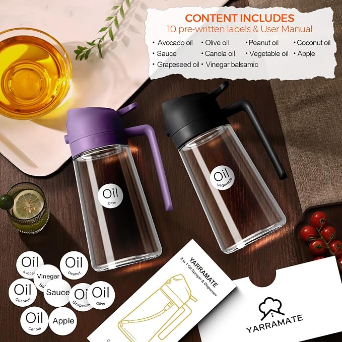 YARRAMATE 16 oz 2-in-1 Glass Olive Oil Sprayer for Cooking, BlackPurple | Food-grade dispenser bottle, 470 ml, spray and pour, portion control, stickers included, for salad, frying and BBQ