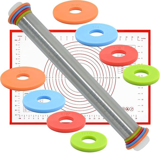 1Pcs Rolling Pin And Silicone Baking Pastry Mat Set, Stainless Steel Dough Roller, with Adjustable Thickness Rings Nonstick Mat, for Dough, Pizza, Pastries, Pasta, Cookies