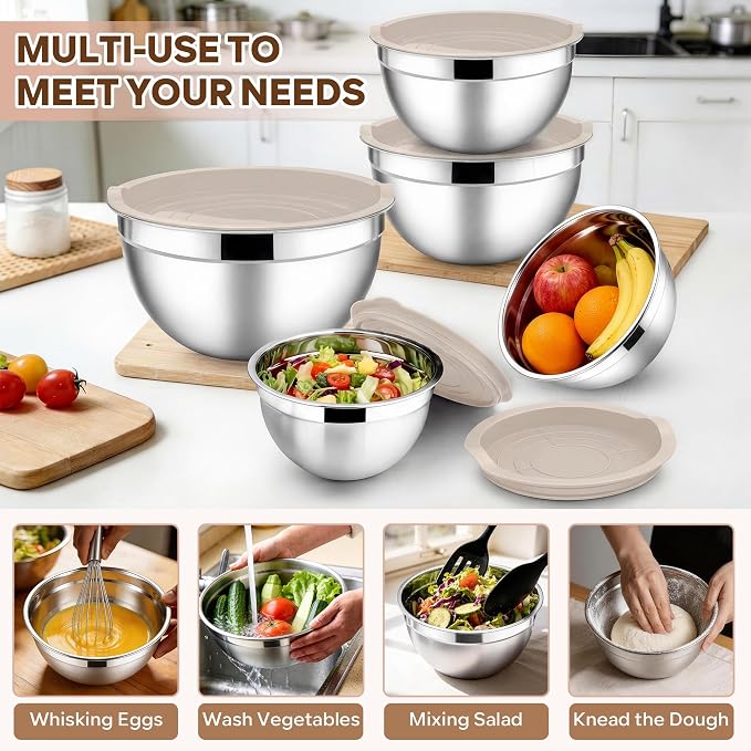 E-far Mixing Bowls With Lids Sets of 5, 10-Piece Stainless Steel Salad Metal Nesting Bowl for Baking Cooking and Prepping, Airtight Lid & Stackable Design, Size 4.6, 3, 2.1, 1.5, 0.7 QT, Khaki