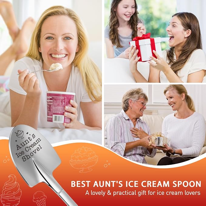Funny Aunts Ice Cream Shovel Spoon for Best Aunt, Aunt Gifts from Niece Nephew, Christmas Birthday Gifts for Aunt White Elephant, Small Ice Cream Scoop for Aunt's Anniversary Mothers Day Valentines