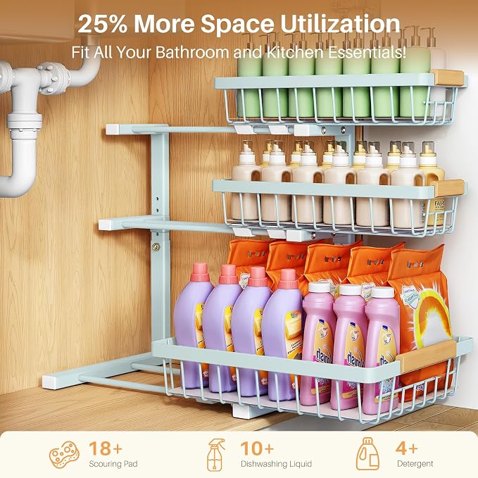 PXRACK Under Sink Organizer, 2-Pack 3-Tier Height Adjustable Thickened Metal Pull out Cabinet Organizer Shelf, Slide out Storage Drawer Rack for Bathroom Kitchen Pantry Home Organization, LightBlue