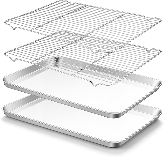 TeamFar Stainless Steel Baking Sheet with Rack Set, 17.6"x13"x1" | 2 Pans + 2 Racks, Cookie Sheet Baking Pan Tray with Cooling Rack for Cooking, Non-Toxic & Rust Proof, Dishwasher Safe