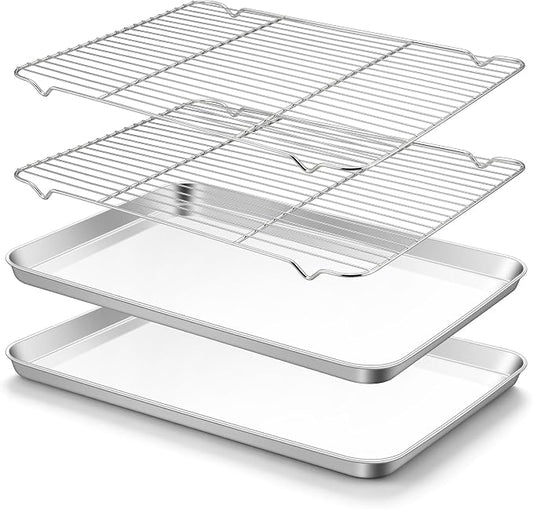 TeamFar Stainless Steel Baking Sheet with Rack Set, 17.6"x13"x1" | 2 Pans + 2 Racks, Cookie Sheet Baking Pan Tray with Cooling Rack for Cooking, Non-Toxic & Rust Proof, Dishwasher Safe