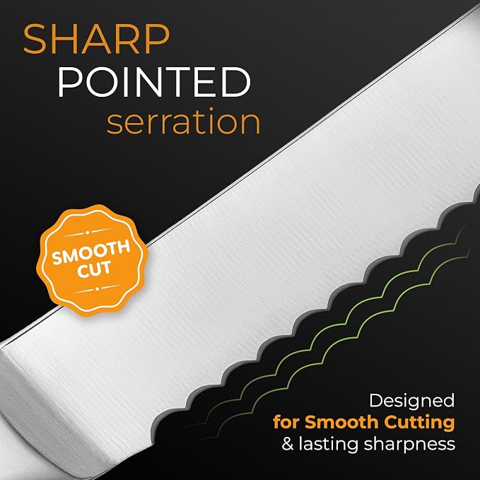Orblue Serrated Bread Knife with 10-inch Upgraded Stainless Steel Razor Sharp Wavy Edge Width - Bread Cutter Ideal for Slicing Homemade Bagels and Cake