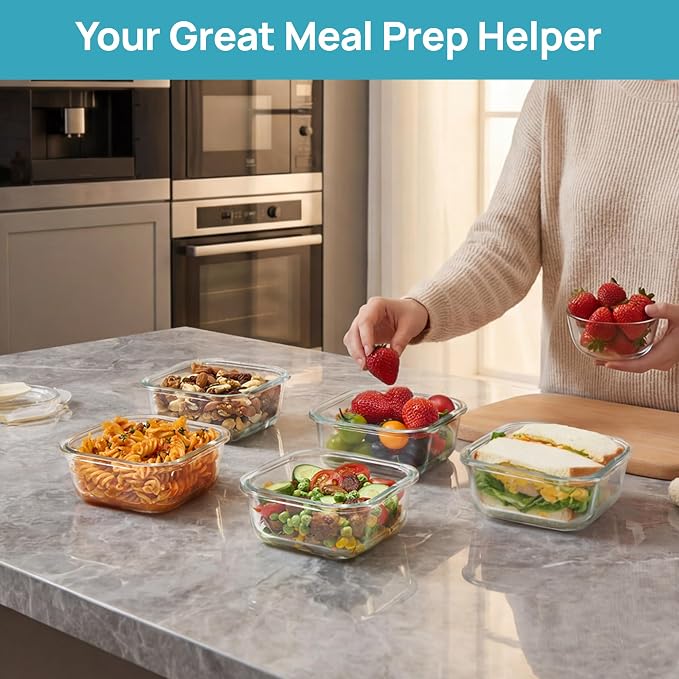 Vtopmart 5Pack 17.5oz Glass Storage Containers with Lids, Green | Glass Meal Prep Food Container Sets, Snap Airtight Lid, For Microwave, Oven, Freezer and Dishwasher, BPA Free
