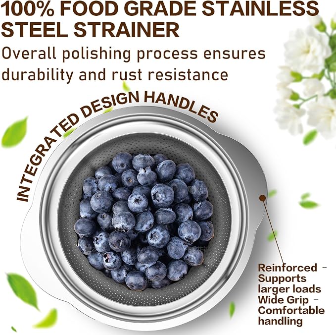 Large Strainers and Colanders, Big Stainless Steel Colanders for Kitchen, Stainless Steel Strainer Set of 3 (7 QT, 6 QT, 5 QT) for Draing Pasta Spaghetti Fruit Vegetable