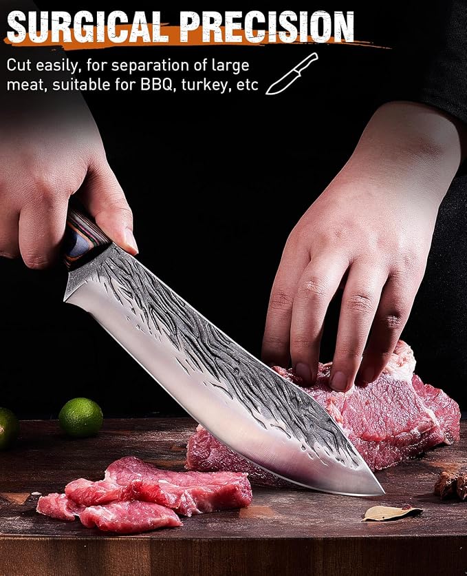 Naitesen 3PCS Hand Forged Butcher Knife Set - Gold-Stamped Gift Box | 15° Razor Sharp 6.5" Serbian Chef Knife, 8.5" Meat Slicer & 6.5" Boning Knife for Meat Cutting Kitchen Cooking BBQ