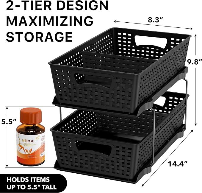 Simple Houseware 2 Tier Pull-Out Sliding Drawer Under Sink Storage, Black | Great for Kitchen Bathroom Tray Shelf Organizer