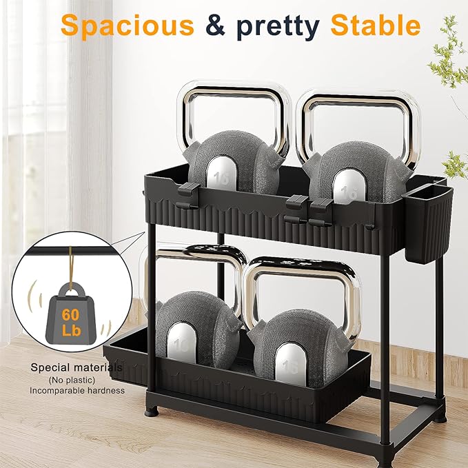 2-Pack 2-Tier Under Sink Organizers with Sliding Drawers | Multi-use kitchen & bathroom storage, 12.85 inch black cabinet organizer, space-saving sliding drawer design.
