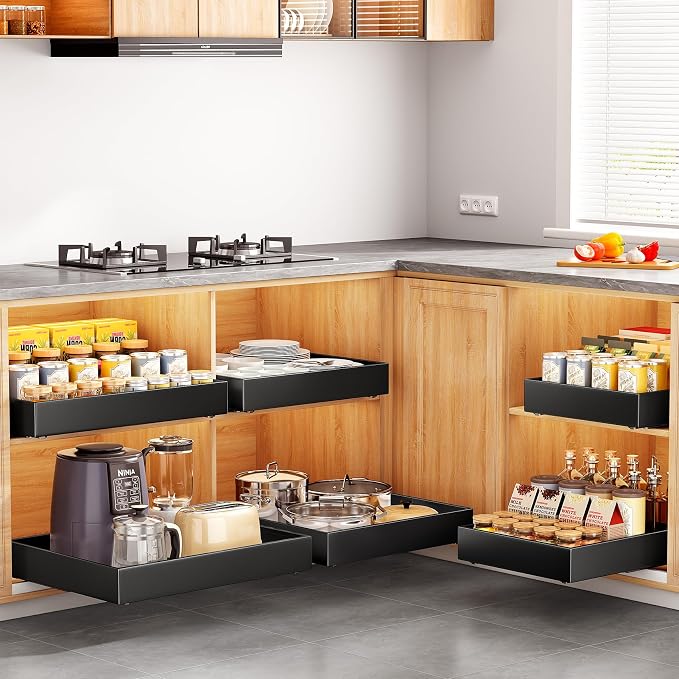 Pull out Cabinet Organizer, 21"Deep, 16.9"Wide Heavy Duty Full-Extension Slide out Drawers with Nano Adhesive, Roll Out Shelves Sliding Cabinet for Kitchen, Bathroom, Pantry,under sink Storage(Black)