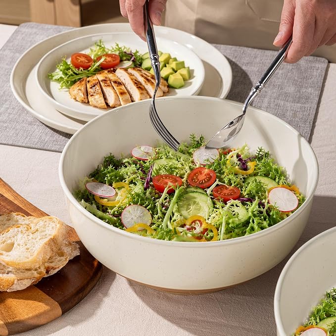 AmorArc 9.8’’ Ceramic Serving Bowls, 3.1 Qt Extra Large Salad Bowls Set of 2, Stoneware Oversized Bowls with Rustic Terracotta Underside for Salad, Soup and Dinner. Large Bowls for Entertaining &Gift