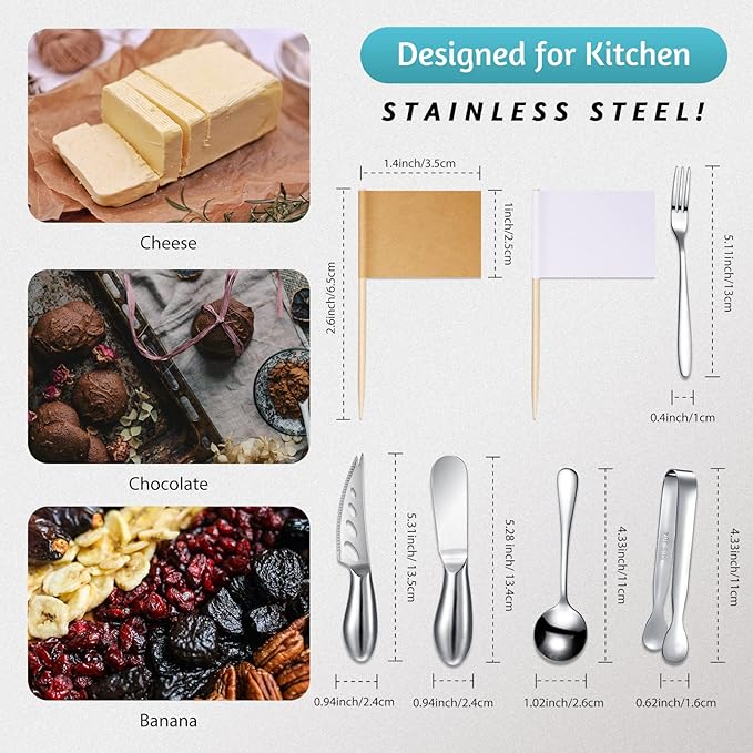 Patelai Charcuterie Board Accessories Cheese Spreader Knife Set Charcuterie Utensils Butter Knife Stainless Steel Mini Serving Tongs Spoons Appetizer Forks for Pastry(Silver,18 Pieces)