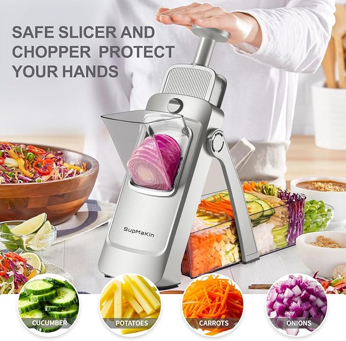 SUPMAKIN Safe Mandoline Slicer, Adjustable Vegetable Food Slicer and Chopper, Potato Fries Fry Cutter, Veggie Salad Chopper, New Kitchen Chopping Artifact Gifts 2026 (SliverGray)