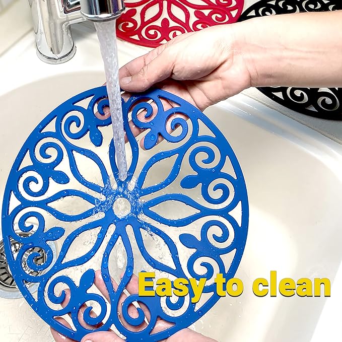 Hot Pink 3 Set Silicone Trivet Mats with 1 Extra Large Included | Intricately Carved Insulated Flexible Durable Non Slip Thick Round Premium Trivets for Hot pots and Pans