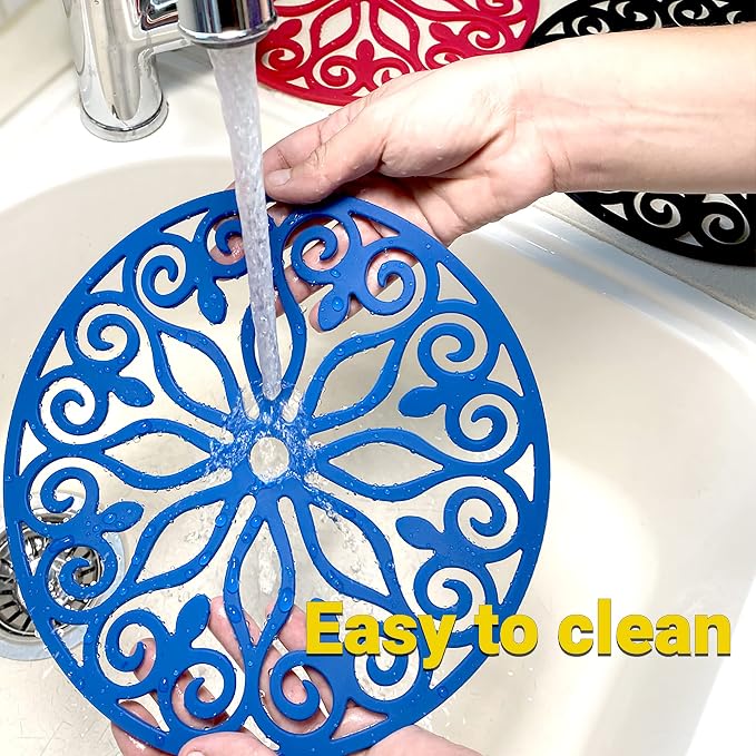 3 Set Silicone Trivet Mats with 1 Extra Large Included | Intricately Carved Insulated Flexible Durable Non Slip Thick Round Premium Trivets for Hot pots and Pans | Gray
