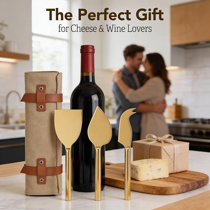 Cheese Knife Set for Charcuterie Board – 3-Piece Gold Stainless Steel Cheese Knives with Leather Pouch – Elegant Charcuterie Tools, Utensils Set