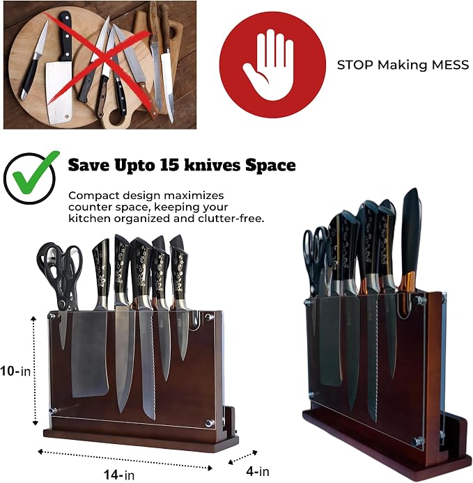 Magnetic Knife Holder 14x10 Inches Extra Large Size with Knife Sharpener Wooden Double Sided Magnetic Knife Block for Kitchen Counter with Cutting Board Slot & Acrylic safety shieldf, Sturdy & Durable