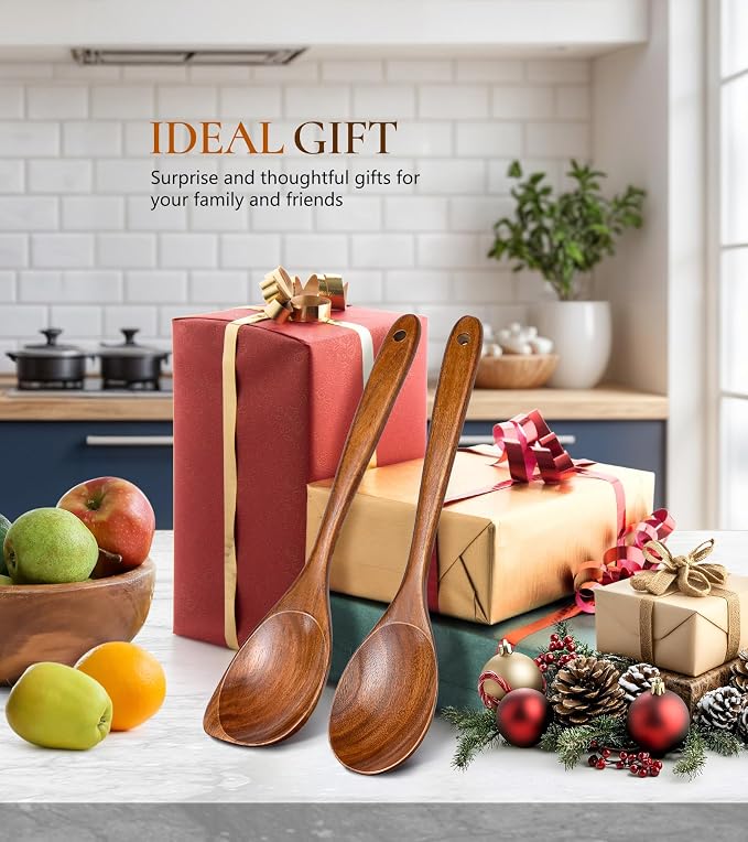 2Pcs Wooden Spoons for Cooking, Natural Premium Teak Wood Spoon & Corner Spoon, Good Grip Large Cooking Spoons Spatula, Heat Resistant Wooden Kitchen Cooking Utensils Set for Nonstick Cookware