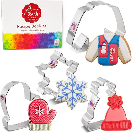 Ann Clark Winter and Christmas Cookie Cutters 4-Pc Set (Snowflake, Sweater, Mitten, Winter Hat) Made in USA