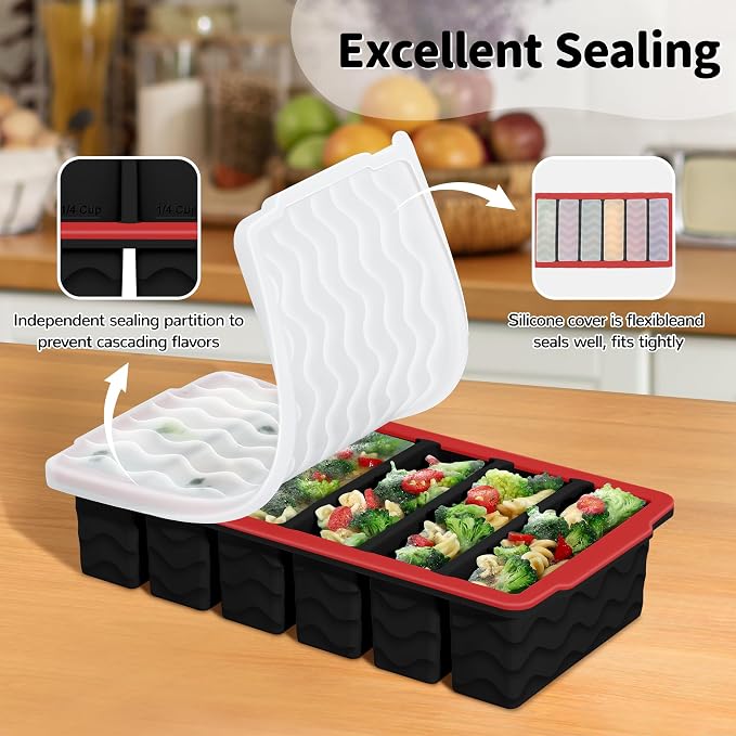 3-Pack Silicone Freezer Trays with Lid,2 Large 2-Cup(500ml)&4 Medium 1-Cup(250ml)&6 Small 1/2-Cup(125ml) Soup Freezer Container Molds,Ice Cube Tray For Meal Prep&Freezing Soup(Black with Red Trim)